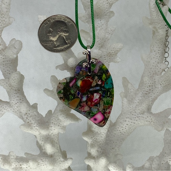 Multicolor Sea Sediment Jasper & Pyrite Heart on an Angle Pendant Agate Necklace - Picture 9 of 14